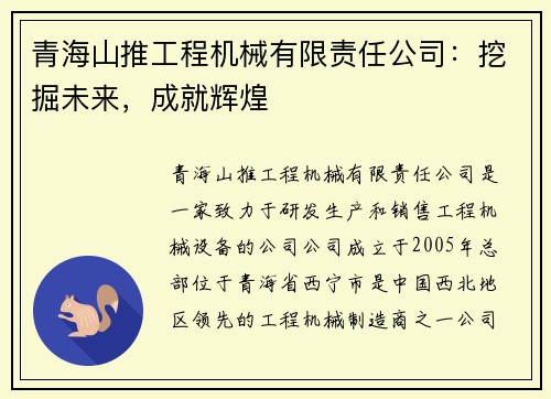 青海山推工程机械有限责任公司:挖掘未来,成就辉煌